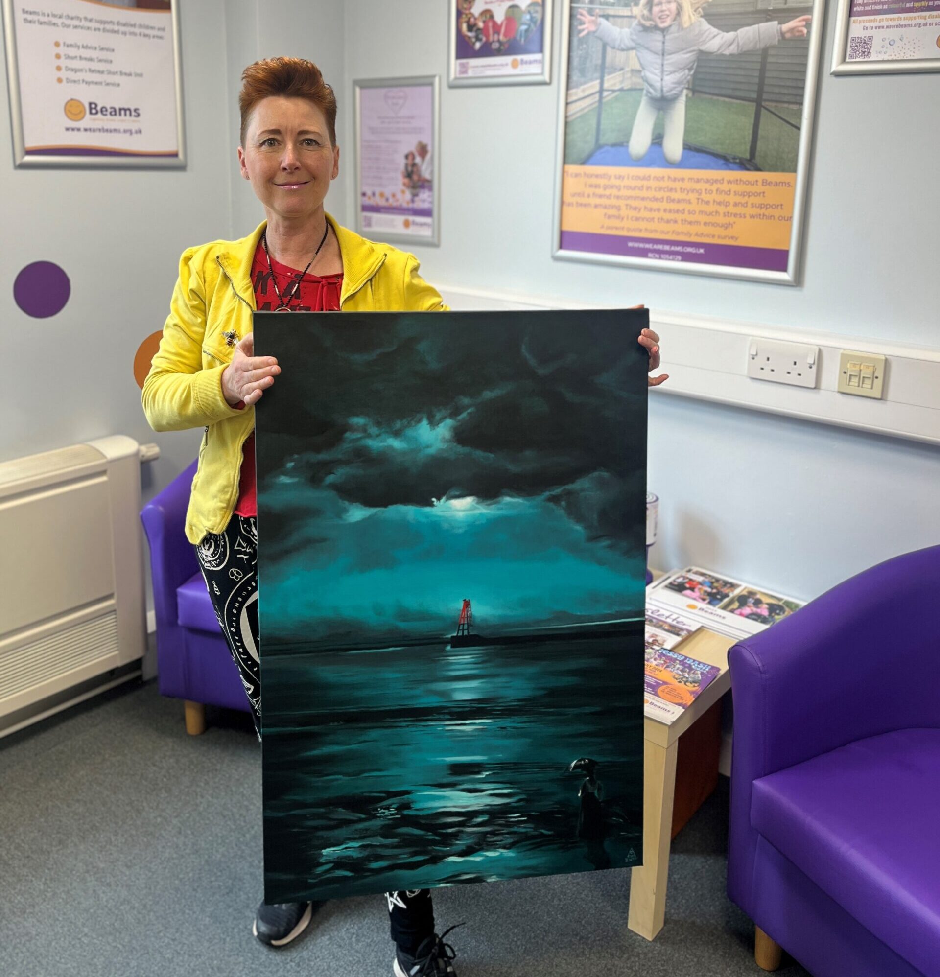 Artist Anna-Marie Buss donating a piece of artwork for the auction raising funds for disabled children, we are beams