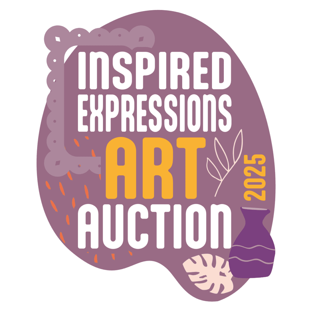The picture shows the art auction logo. It says 2025 as the event is happening in February 2025. It is lilac with orange and white writing.