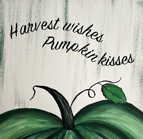 Photo shows a painting of green pumpkin on white background with the words 'Harvest wishes, Pumpkin kisses'